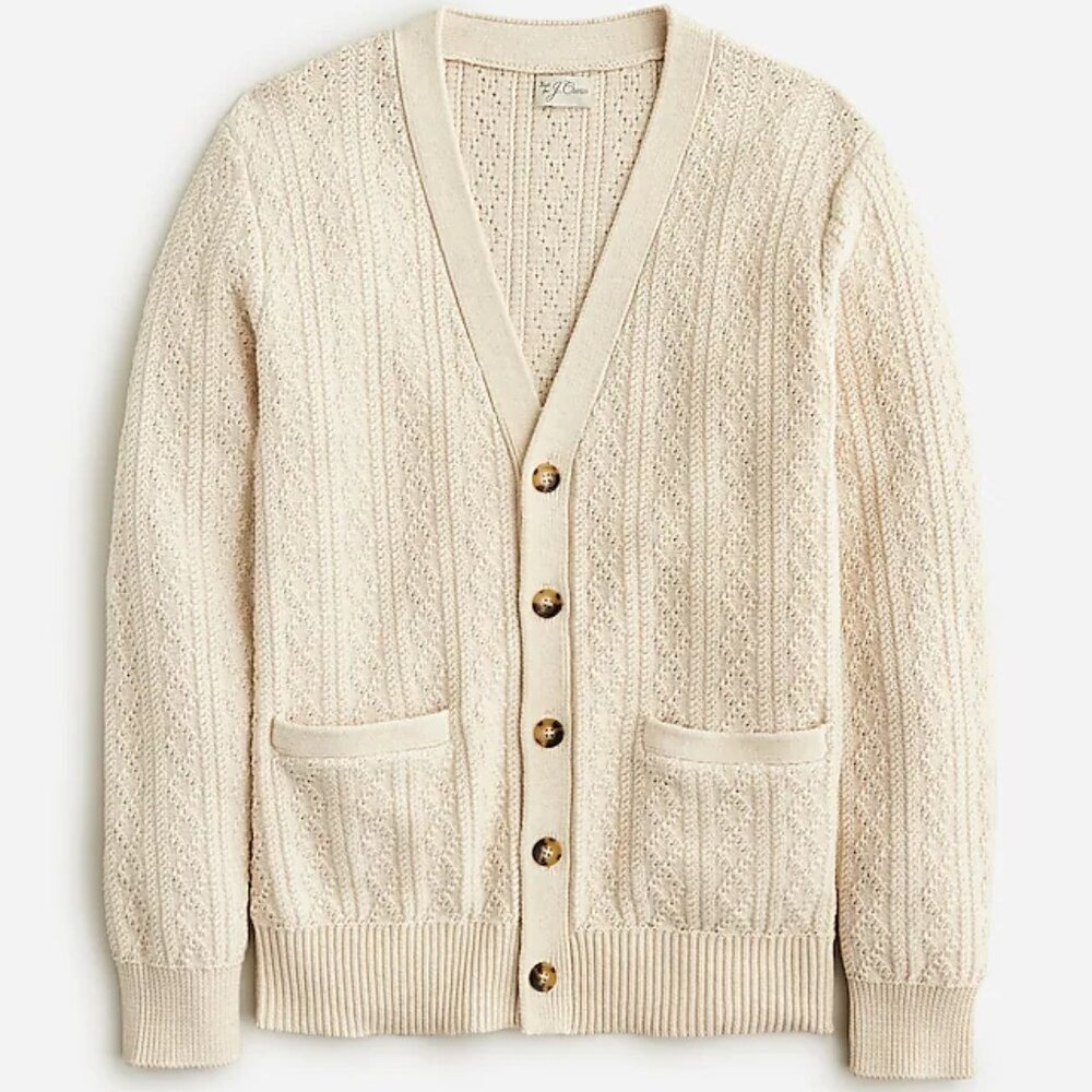 NWT J Crew Heritage Cotton Pointelle-Stitch Button Cardigan Cream Ivory Sweater